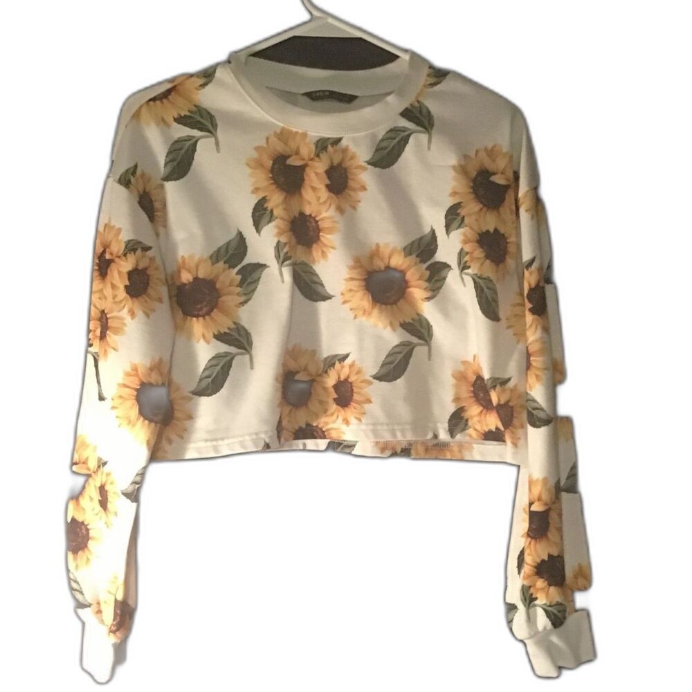 SHEIN White Sunflower Print Drop Shoulder Crop Top Pullover - Women's Size Small